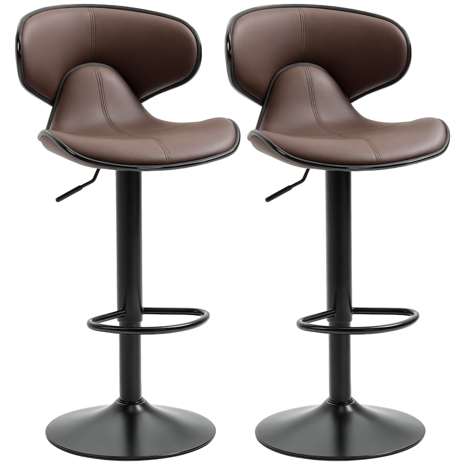 image 1 of HOMCOM Adjustable Swivel Bar Stools Set of 2, Barstools with Footrest and Backrest, Steel Frame Gas Lift, for Kitchen Counter Dining Room, Brown