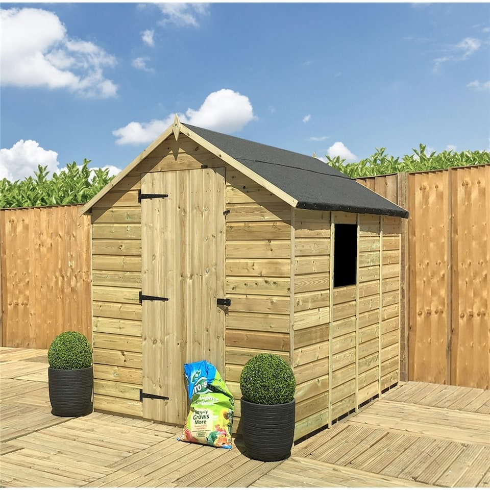 image 1 of 7 x 6 Pressure Treated Tongue And Groove Single Door Apex Shed - 1 Window + Low Eaves (7' x 6') / (7ft x 6ft) (7x6)