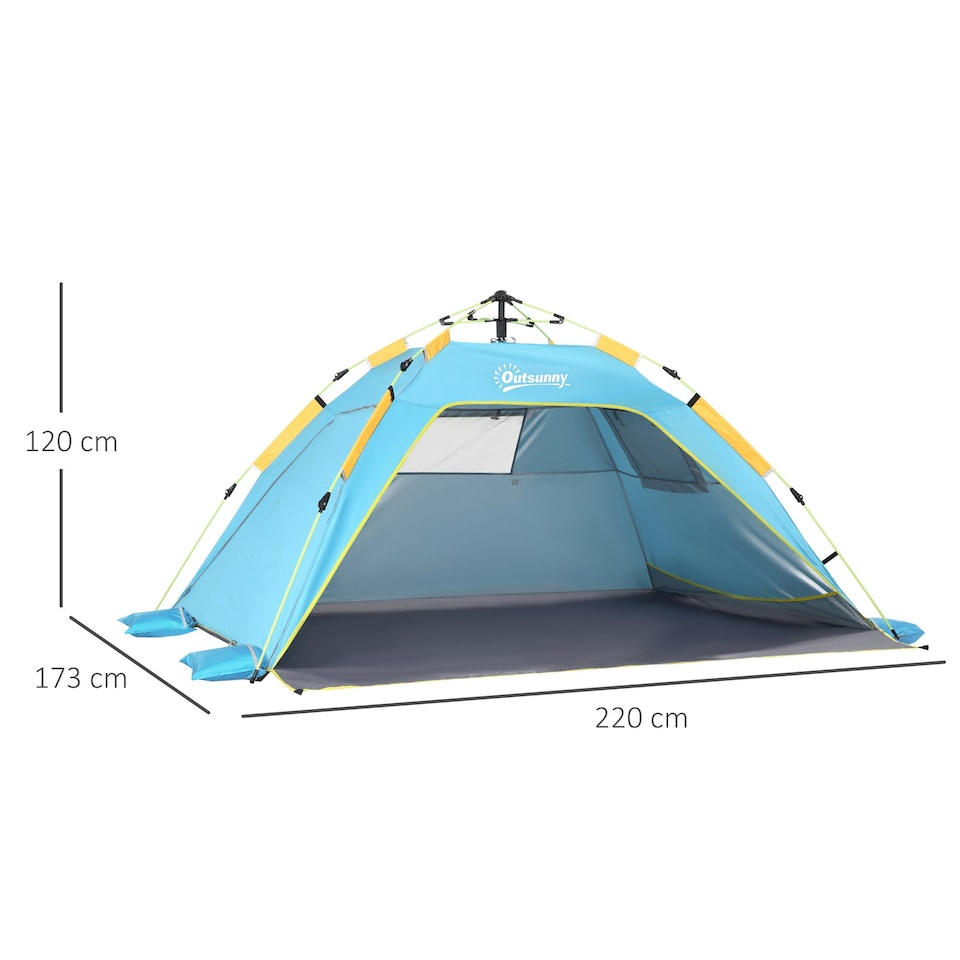 image 1 of Outsunny 2 Man Pop-up Beach Tent Sun Shade Shelter Hut w/Windows Door Light Blue