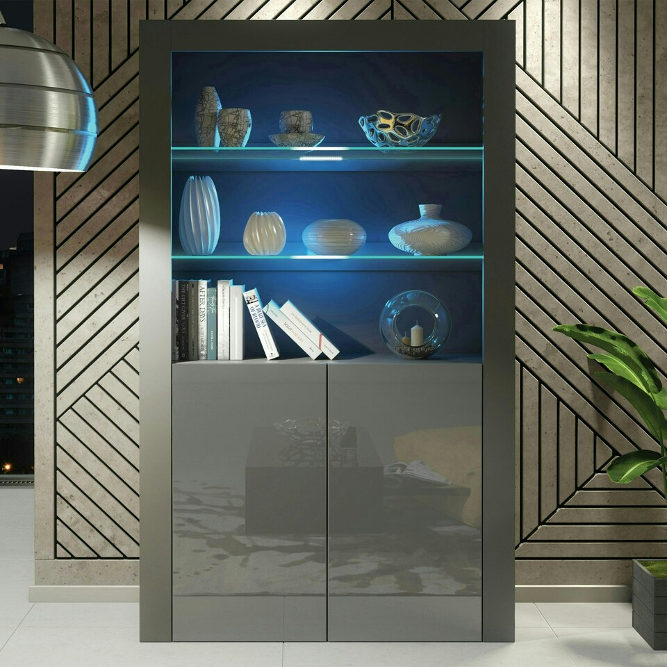 image 1 of Display Cabinet 100cm Grey Gloss Doors Dark Matt Body Free LED Grey