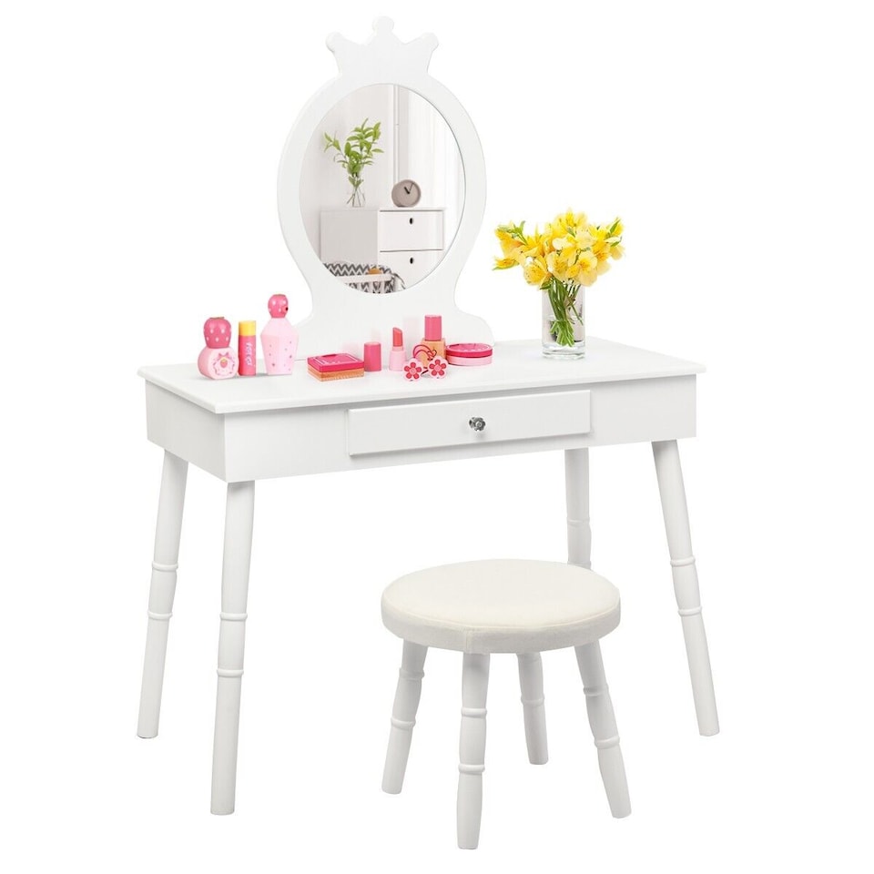 image 1 of COSTWAY Pretend Makeup Dressing Table Kids Vanity White