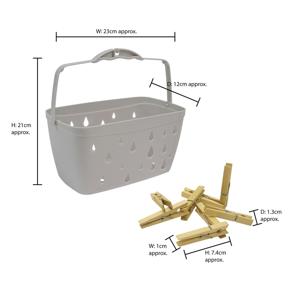 image 1 of JVL Plastic Peg Basket, Grey with 24 Wooden Retro Pegs, Brown