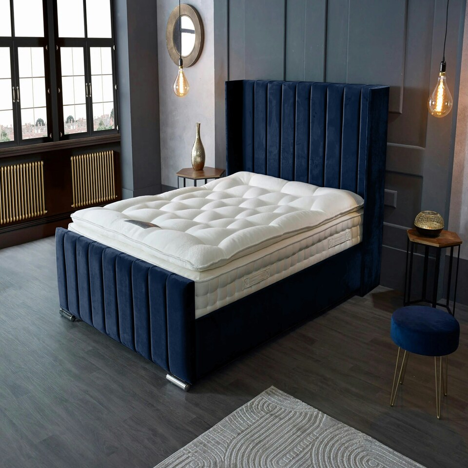 image 1 of Meriso Plush Blue Super King Bed Frame - Blue