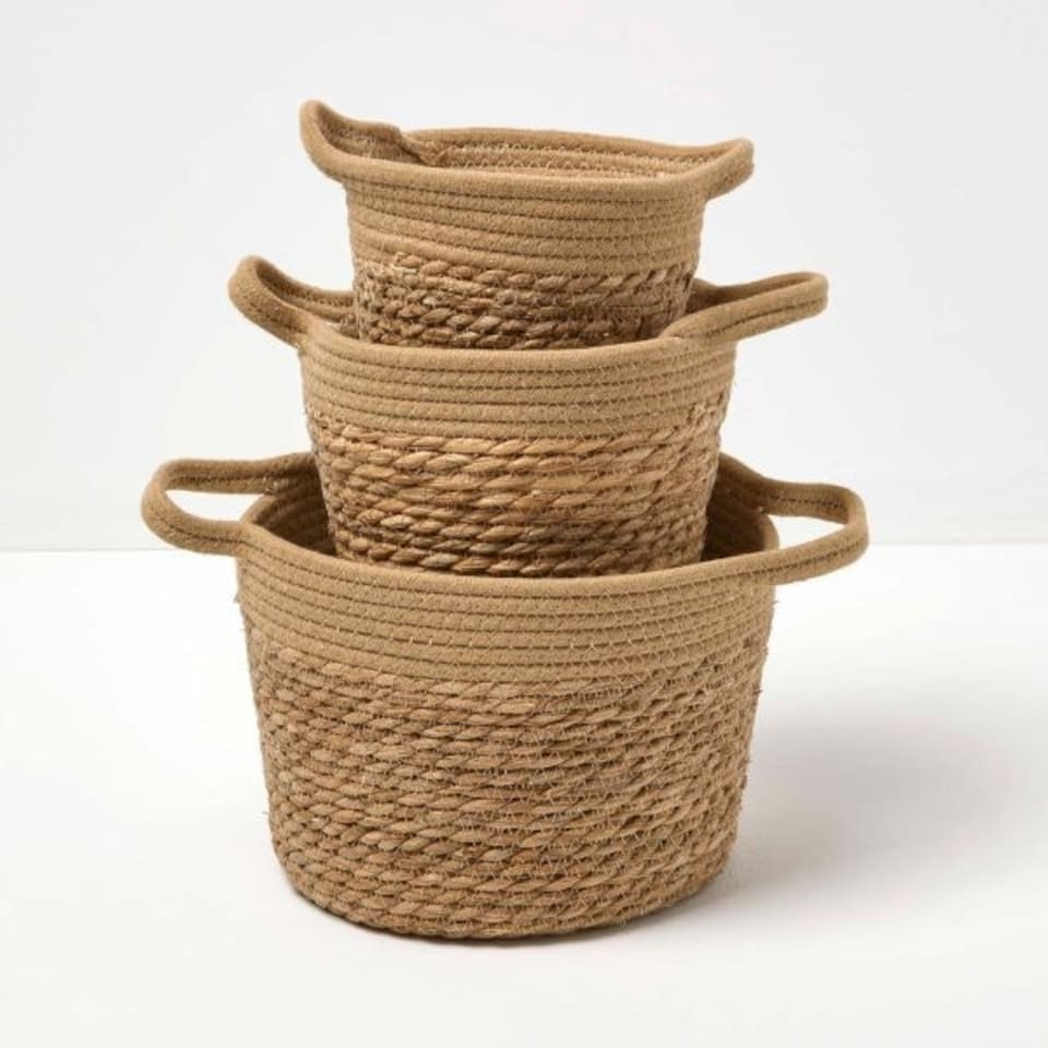 image 1 of Homescapes Set of 3 Woven Storage Baskets, Natural Grass and Rope Cream