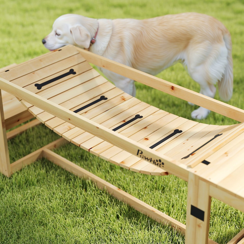 image 1 of PawHut Dog Agility Equipment 3 Pieces Wooden Dog Agility Set with Soft Bridge, Pause Platform and Pet Stair for Outdoor, Natural Wood