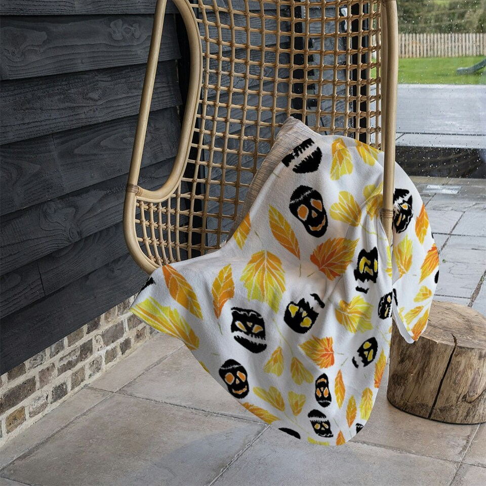 image 1 of Autumn Leaves & Halloween Skulls (Blanket)