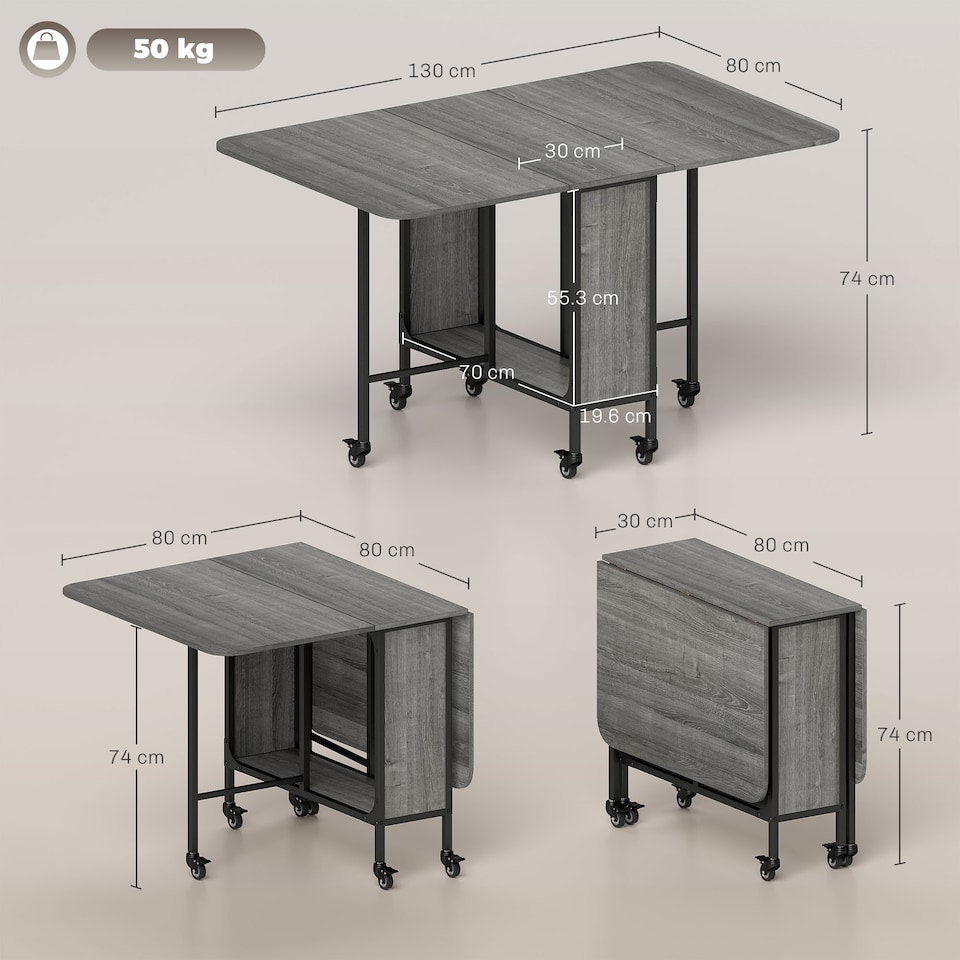 image 1 of HOMCOM Mobile Drop Leaf Table, Folding Dining Table with 6 Wheels & Storage Shelf for Small Spaces, Kitchen, Dining Room, Grey
