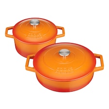 Cooks Professional Set of 2 Cast Iron Casserole Dishes 20cm & 28cm | Orange | Orange