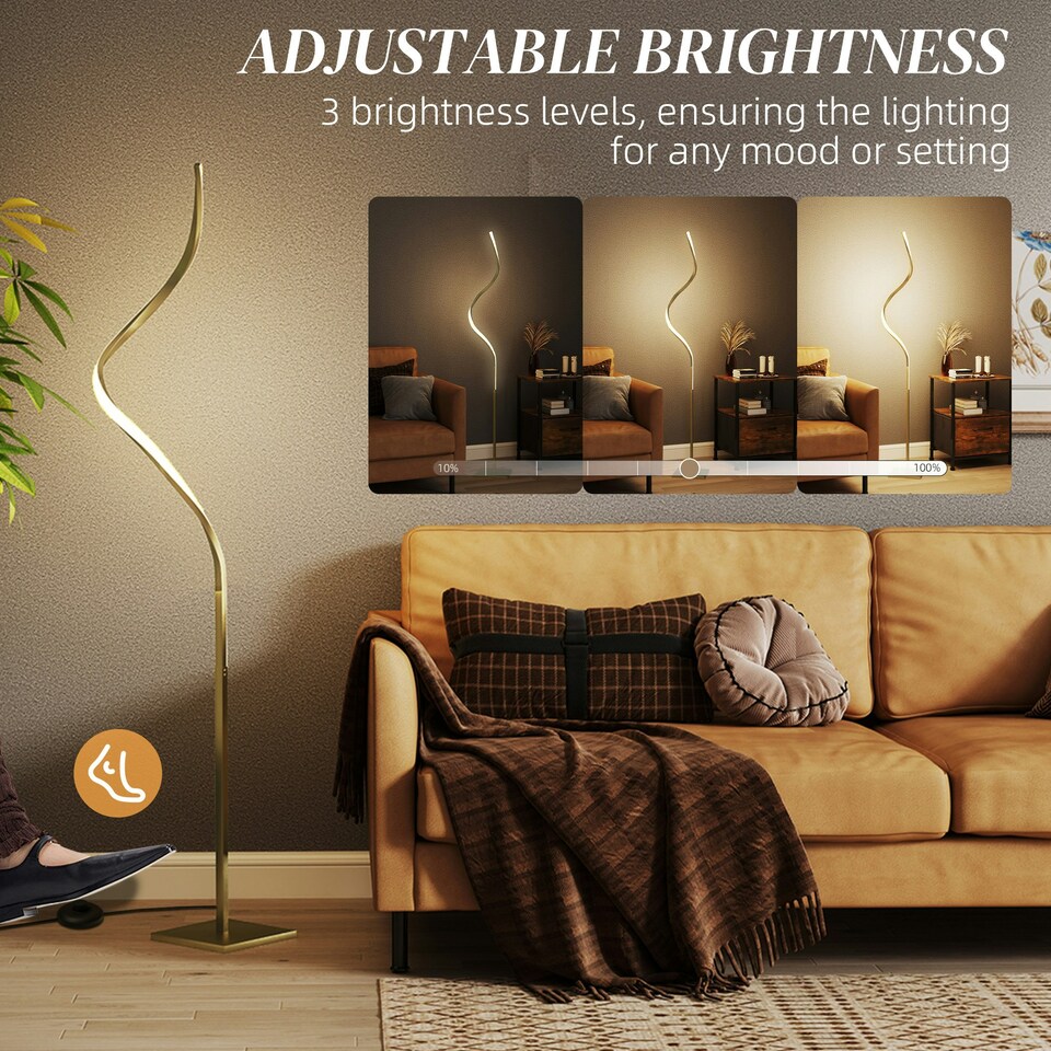 image 1 of HOMCOM LED Floor Lamp, Standing Lamp with3 Adjustable Brightness Gold Tone | Gold