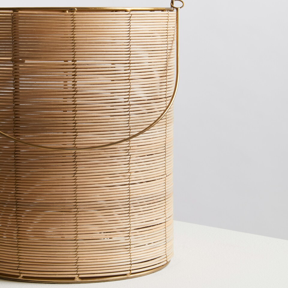 image 1 of Interiors by Premier Hurricane Candle Holder, Eco-Friendly Rattan and Iron Frame Candle Holder, Rustic Design with Sleek Handle Cream