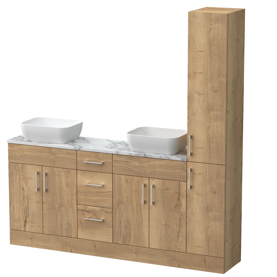 image 1 of Balterley Wichnor Floor Standing 4 Door 3 Drawer Vanity Combination Unit with Tall Unit, Laminate Worktop and Countertop Vessel, 1800mm, Autumn Oak