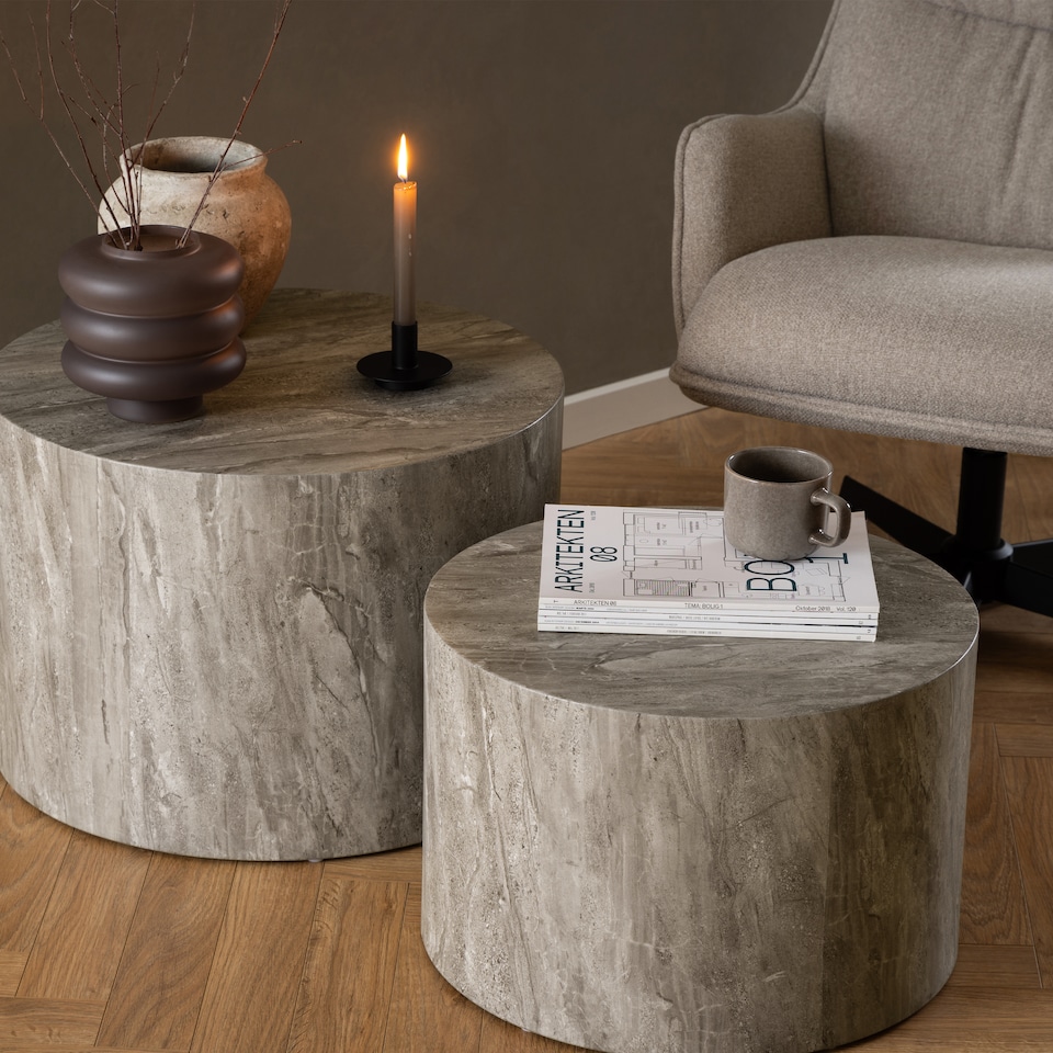 image 1 of Dice Round Coffee Table Set in Grey Marble