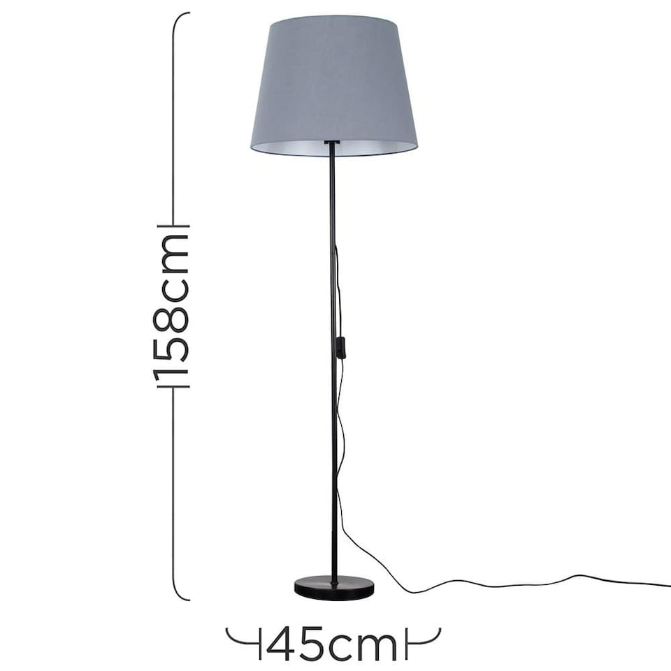 image 1 of ValueLights Charlie Black Floor Lamp Grey Taper Shade and Bulb