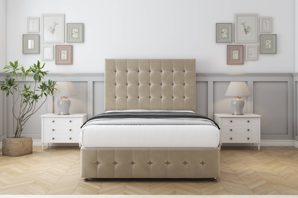 image 1 of Sloomy Berlin Almond Coniston Divan Bed Base No Drawers With 26 Inch Strutted Headboard & 12 Inch Matching Footboard | Cream | Almond | King | 1