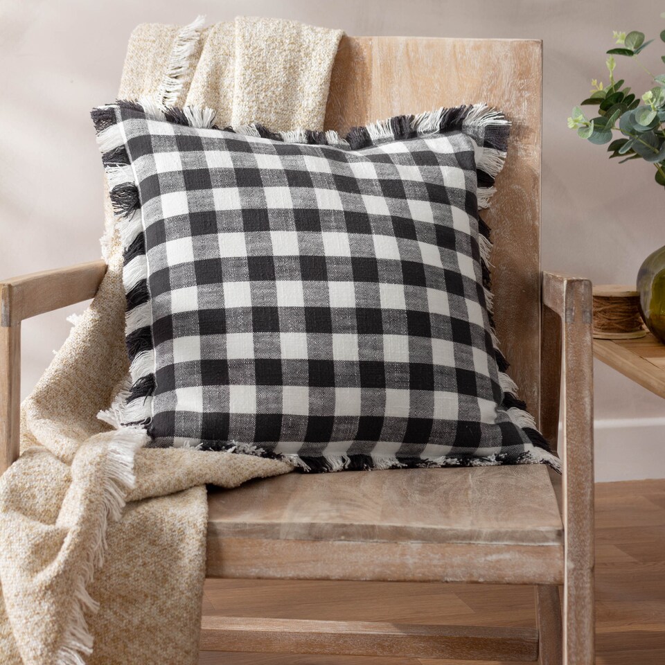 image 1 of Yard Barton Check Fringed Cushion, Black, 45 x 45cm