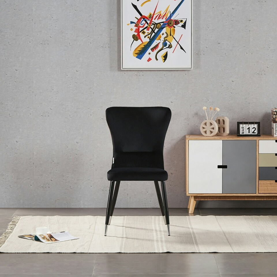 image 1 of Set of 4 New York Modern Velvet Dining Chairs with High Back, Black Metal Legs Black | Silver End Tips