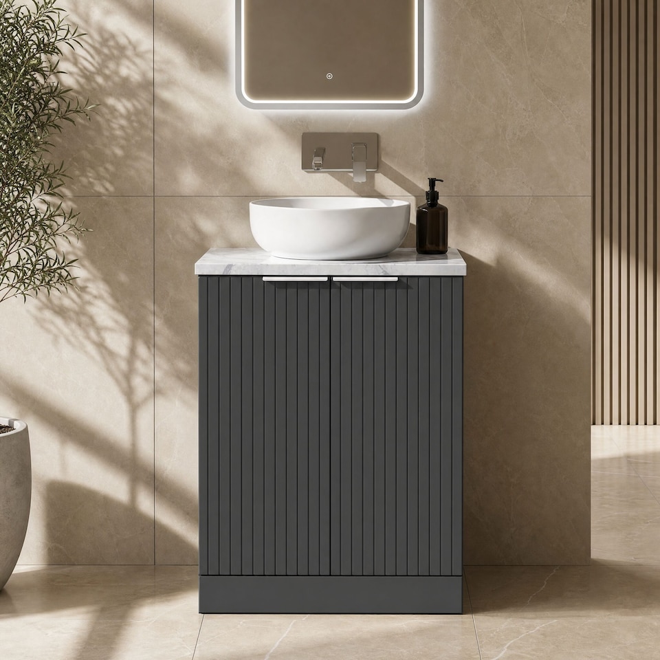 image 1 of Balterley Callingwood Contemporary Floor Standing 2 Door Vanity Unit with Carrera Marble Laminate Worktop , 600mm, Dark Grey