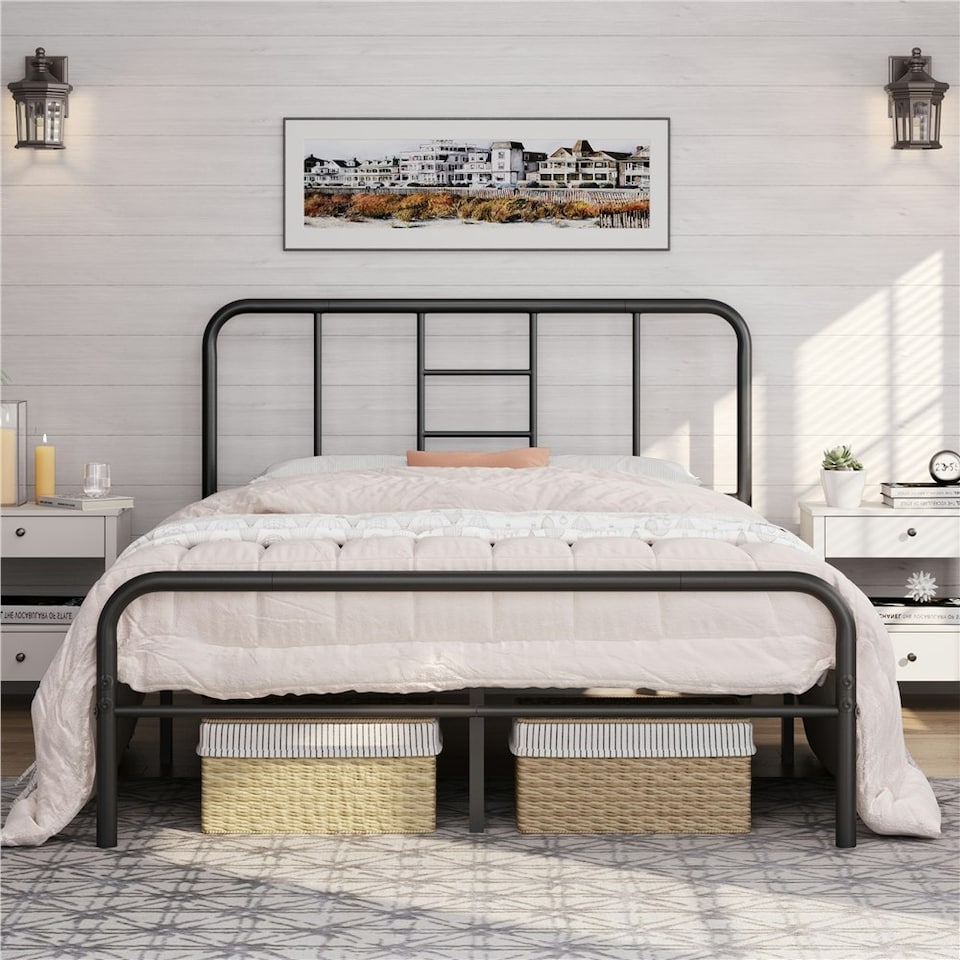 image 1 of Yaheetech Romantic 5ft King Metal-Framed Bed with High Headboard Black