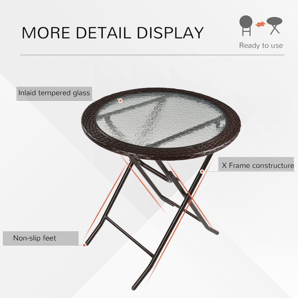 image 1 of Outsunny Folding Rattan Garden Dining Table, 68 cm Round Rattan Garden Table with Water Ripple Tempered Glass Top, Wicker Edging and Steel Frame for Outdoor, Patio, Brown
