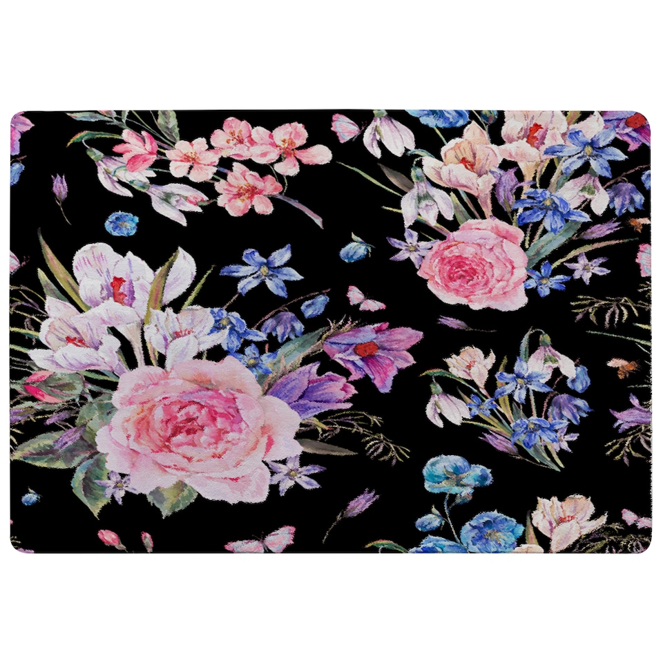 image 1 of Bright Pink Flowers On Black Rug | Multi