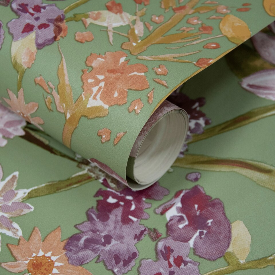 image 1 of Grandeco Spring Wild Flowers Trail Smooth Wallpaper, Sage Green | Green | Sage Green | 5.32