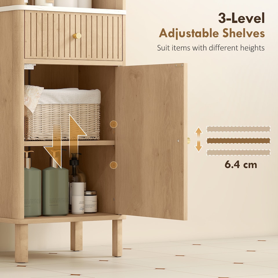 image 1 of HOMCOM 168 cm Tall Bathroom Cabinet, Freestanding Slim Bathroom Storage Cabinet with Silent-Glide Drawer, Adjustable Shelves, 2 Cupboards and Groove Doors, Oak