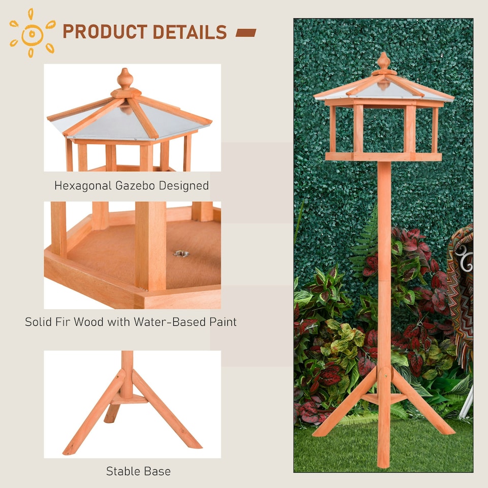 image 1 of PawHut Wooden Bird Table Free Standing Feeder Garden and Backyard Station