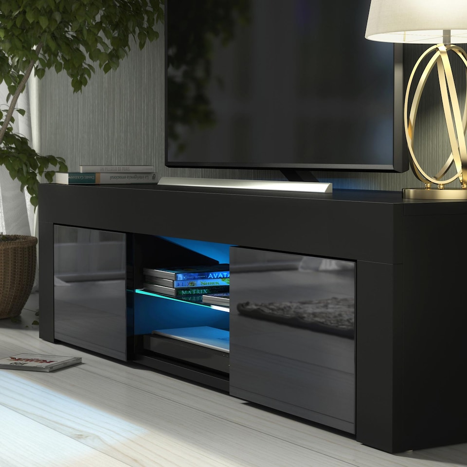 image 1 of TV Unit TV Stand Cabinet Sideboard Black High Gloss Doors Free LED 130cm