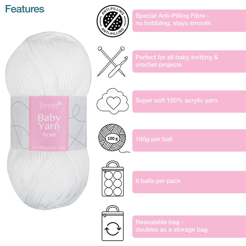 image 1 of Trimits Baby Aran Yarn 6 x 100g Acrylic Knitting & Crochet Wool Soft Anti Pilling Machine Washable OEKO-TEX