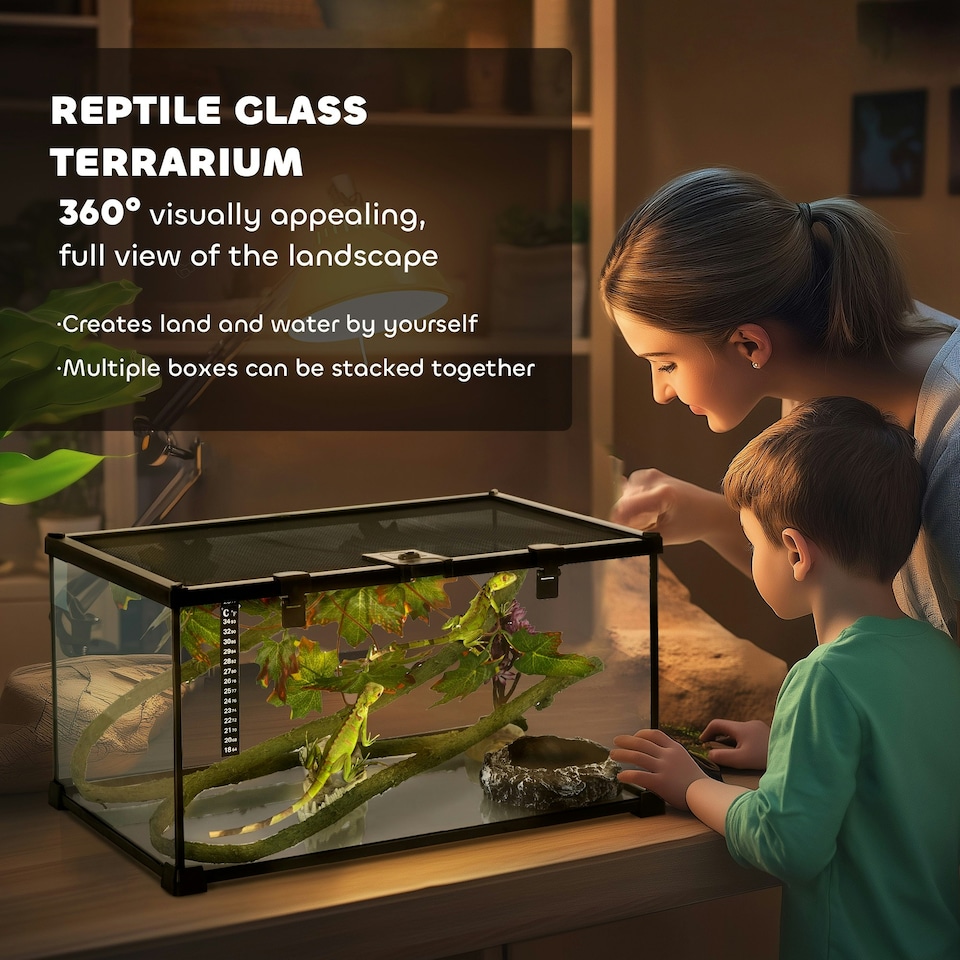 image 1 of PawHut Glass Reptile Terrarium with Thermometer, Decor Kit, Heated - Black
