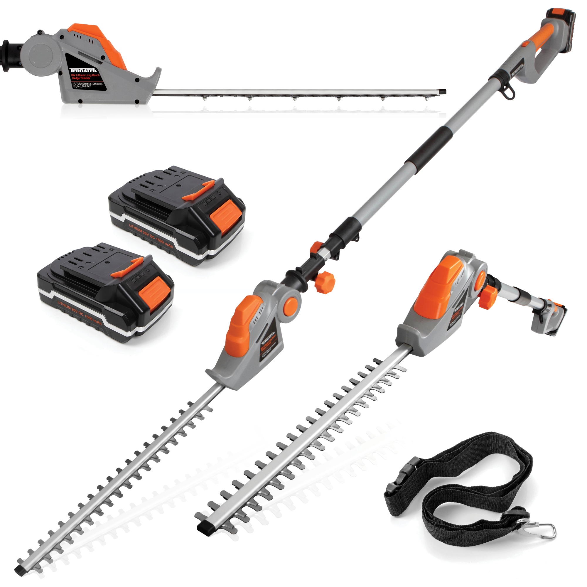Terratek 20V 2.4m Cordless Telescopic Long Reach Hedge Trimmer 2 Batteries | Grey | Grey | 1