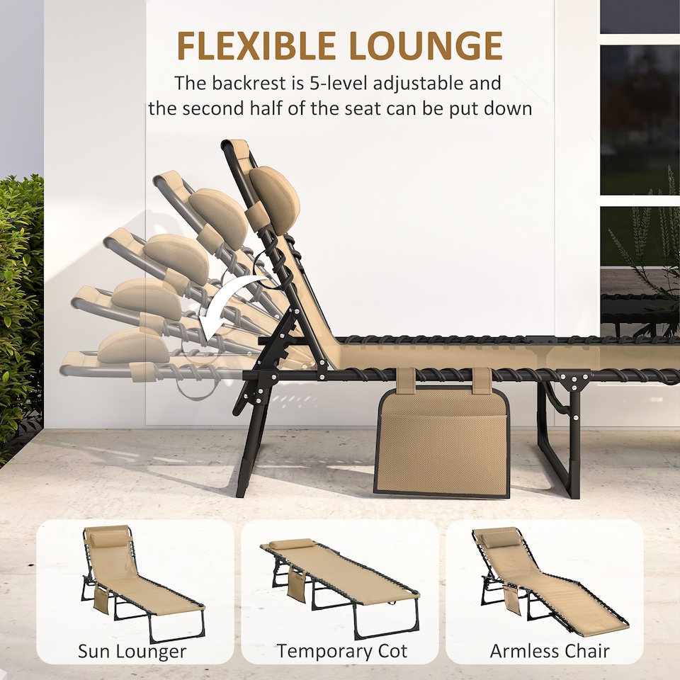 image 1 of Outsunny Portable Sun Lounger, Folding Camping Bed Cot, Reclining Lounge Chair 5-position Adjustable Backrest with Side Pocket, Pillow for Patio Garden Beach Pool | White