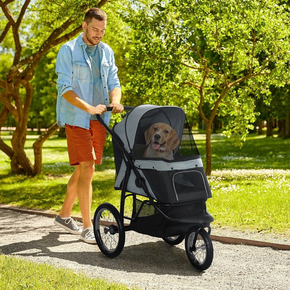 image 1 of PawHut 3 Wheel Pet Stroller, for Medium Small Dogs, Foldable Cat Pram - Grey