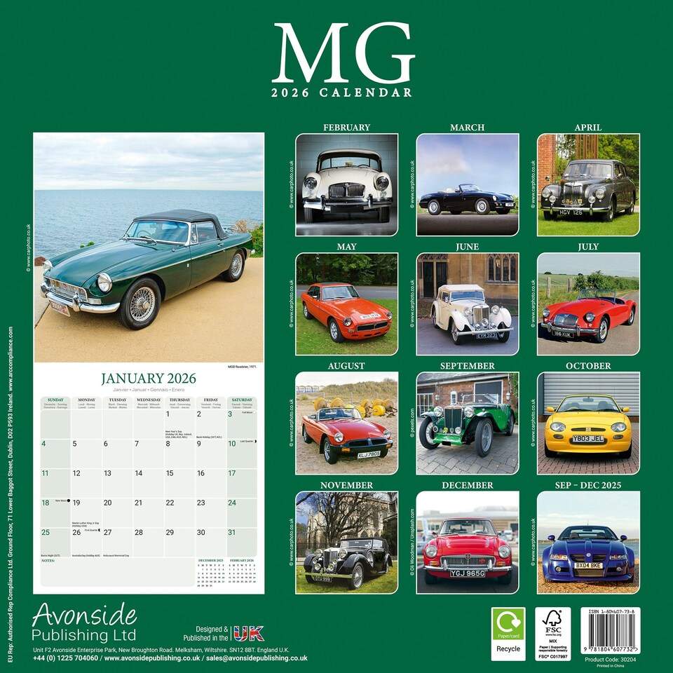 image 1 of MG 2026 Calendar | Square Wall Calendar | Car Enthusiast Gift | Plastic Free Packaging | by Avonside Publishing