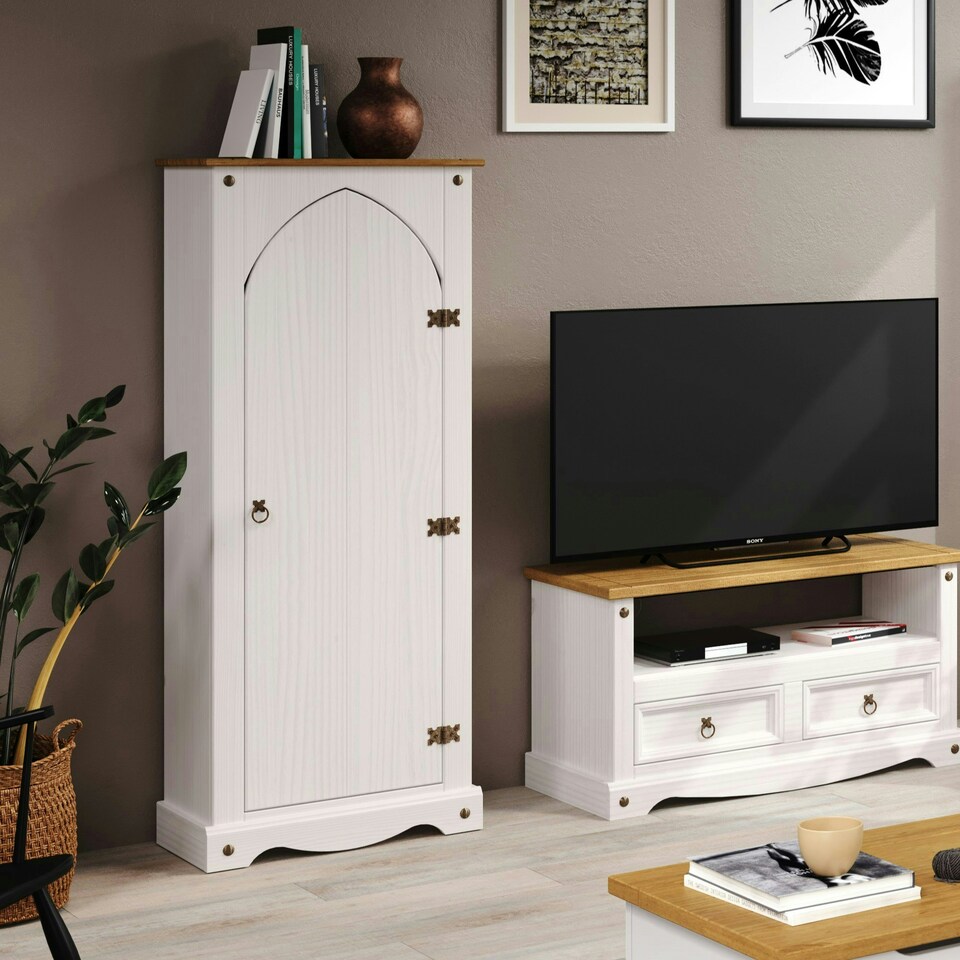 image 1 of Corona Vestry Cupboard in Antique Waxed Pine - Adjustable Shelves for Kitchen, Hallway or Living Room | White | White | One Size | 1