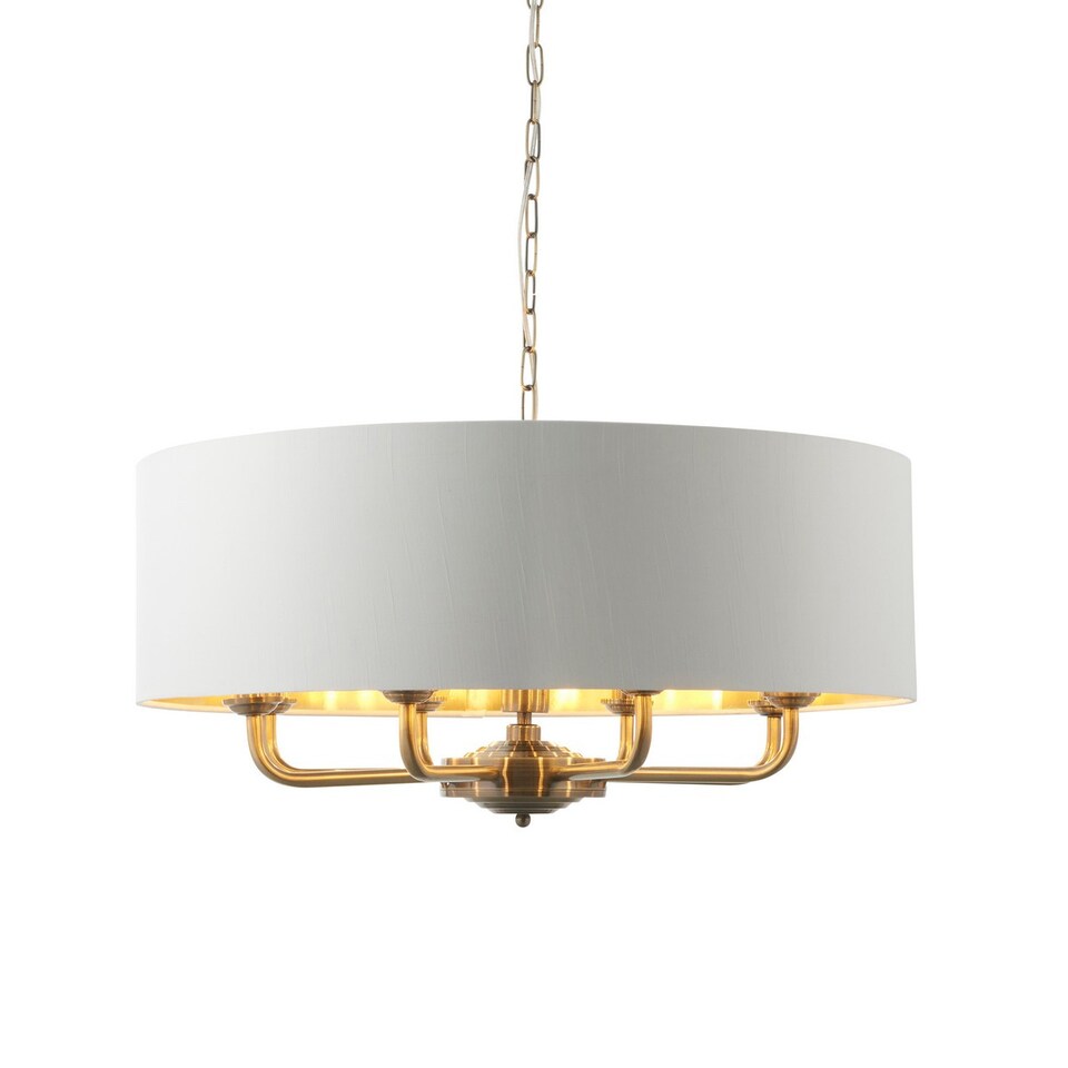image 1 of Highclere 8 Lamp Single Shade Pendant Ceiling Lamp, Antique Brass Plate, Vintage White Fabric
