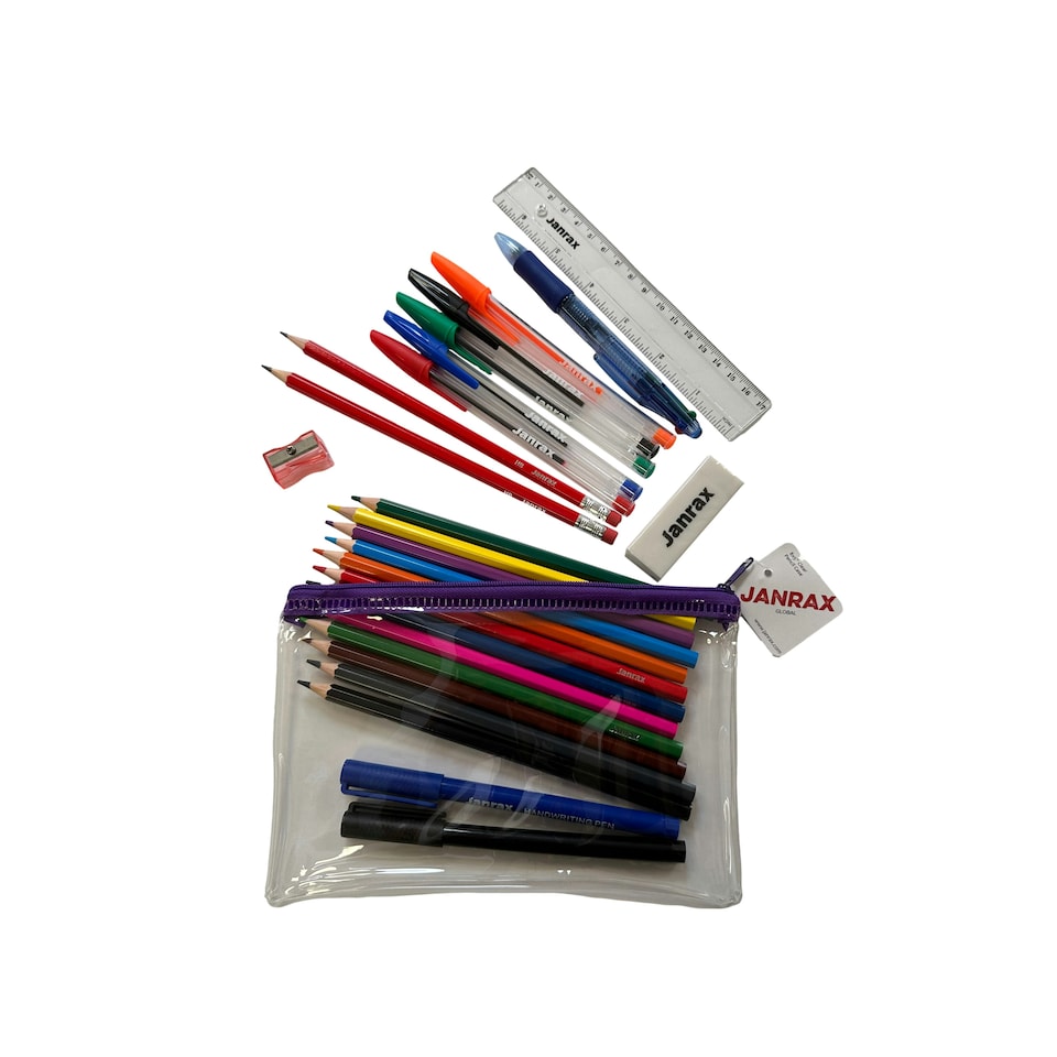 image 1 of Stationery Filled Purple Zip 8x5" Pencil Case with Colouring Pencils