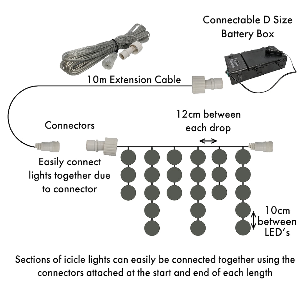 image 1 of 2.5m Bright Cool Ice White Connectable Icicle Lights 83 BATTERY Power LED 8 Modes Memory Timer Outdoor Weatherproof Christmas