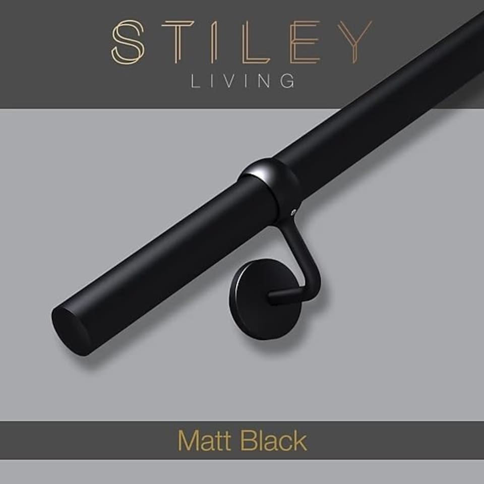image 1 of Stiley Living 2.4m Matt Black Wall-Mounted Stair Handrail Kit with Brackets & Fixings
