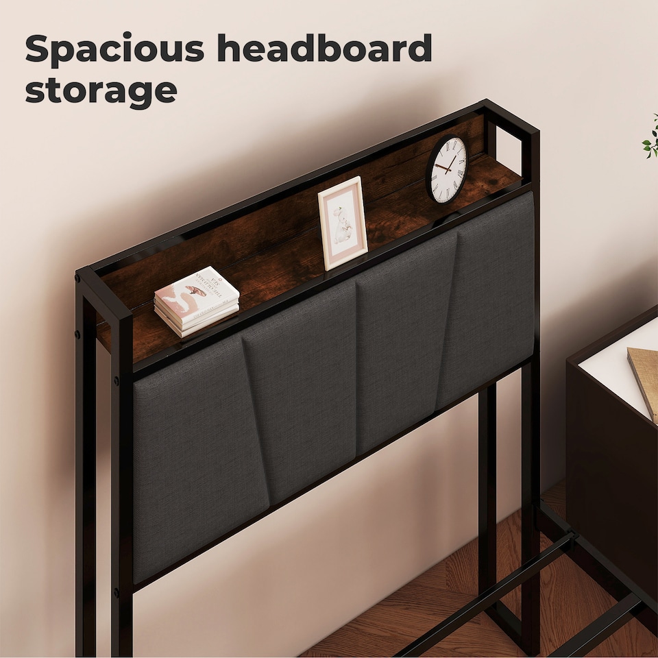 image 1 of Levede Heavy Duty Single Bed Frame Metal Platform with Storage Headboard 3FT | Brown | Single | Single