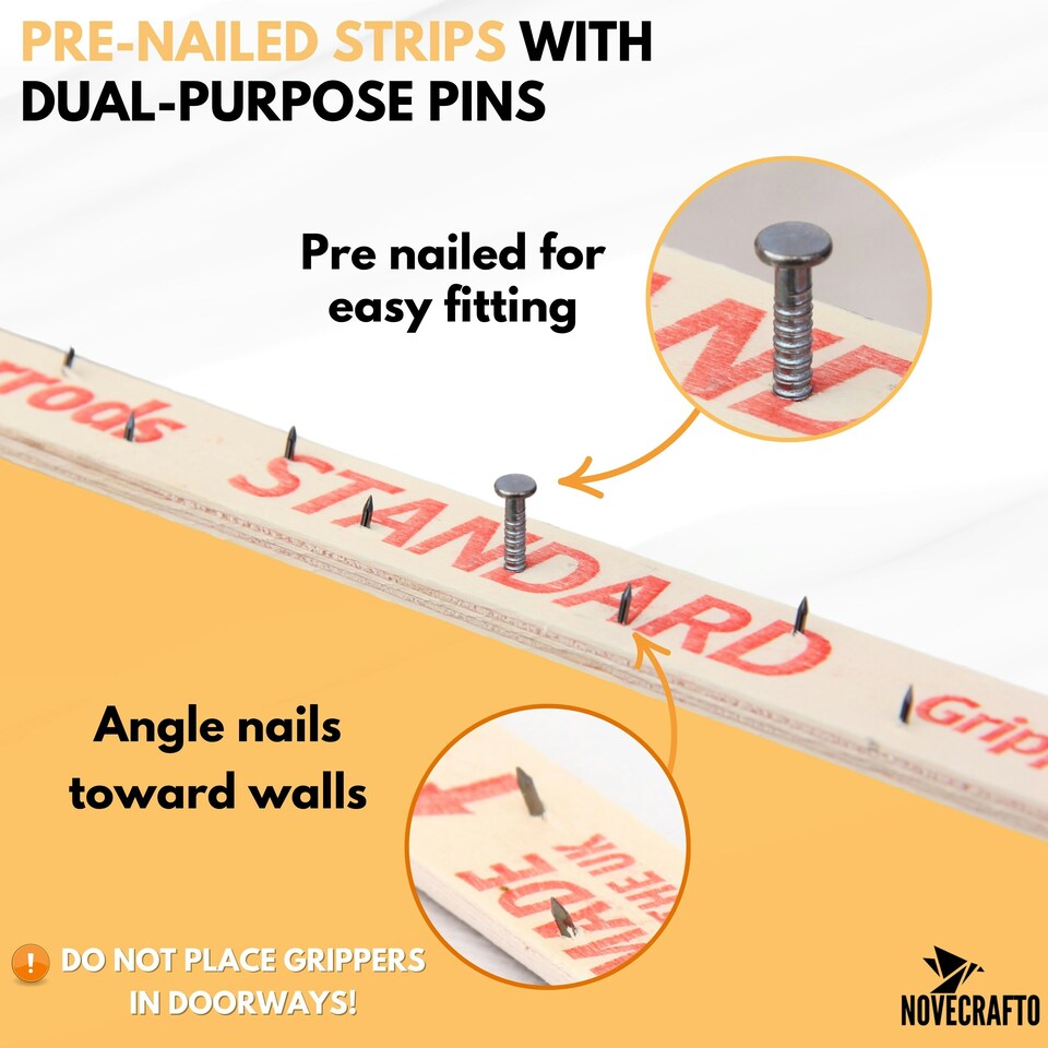 image 1 of NOVECRAFTO Carpet Gripper Rods – 76cm Pre-Nailed Strips with Dual-Purpose Pins for Underlay Installation on Stairs, Concrete & Wood Floors Brown | 50