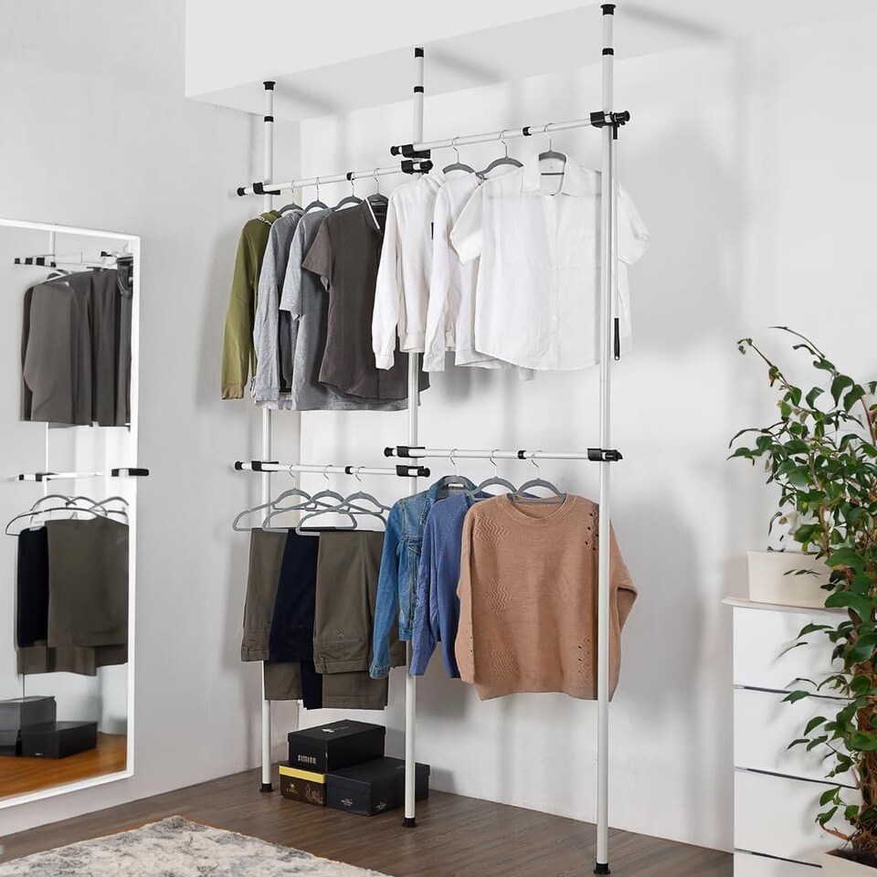 image 1 of House of Home Telescopic Double Rail Clothes Wardrobe Organise Hanging Rack Adjustable Storage | White | Not provided