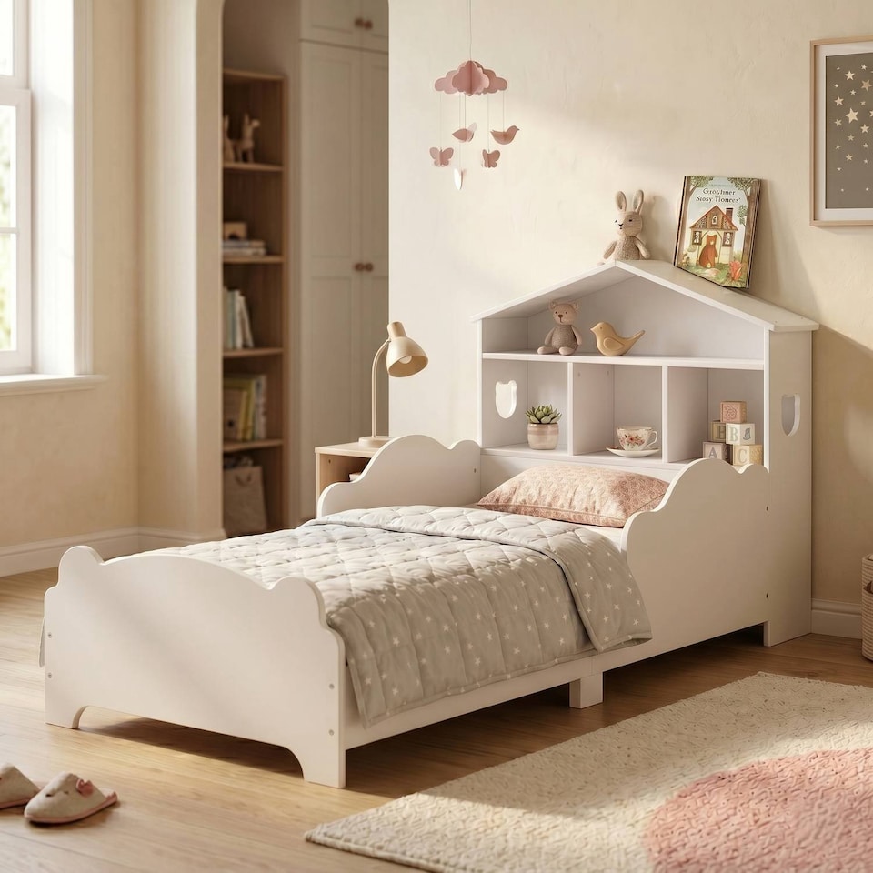 image 1 of TOTO Wooden Toddler Bed w/ Integrated Bookshelf Storage Junior Kids Frame - White