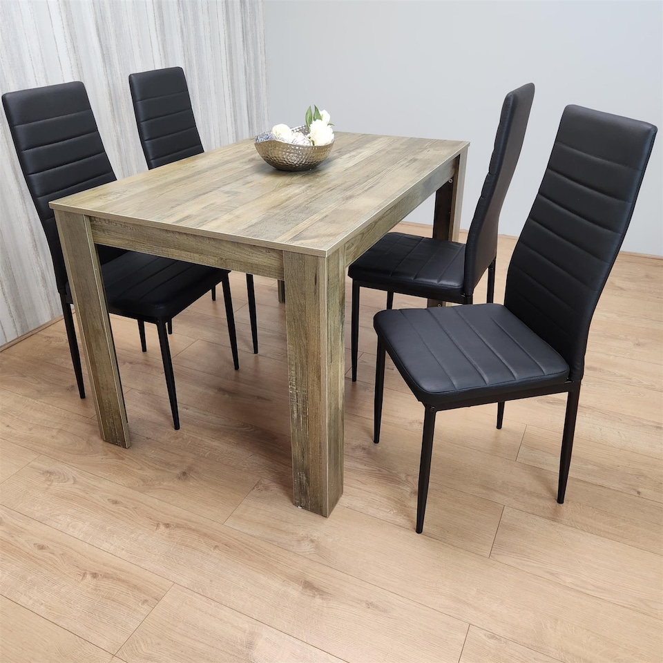 image 1 of Dining Table and 4 Chairs Rustic Effect Wood Table with 4 Black Faux Leather Dining Chairs