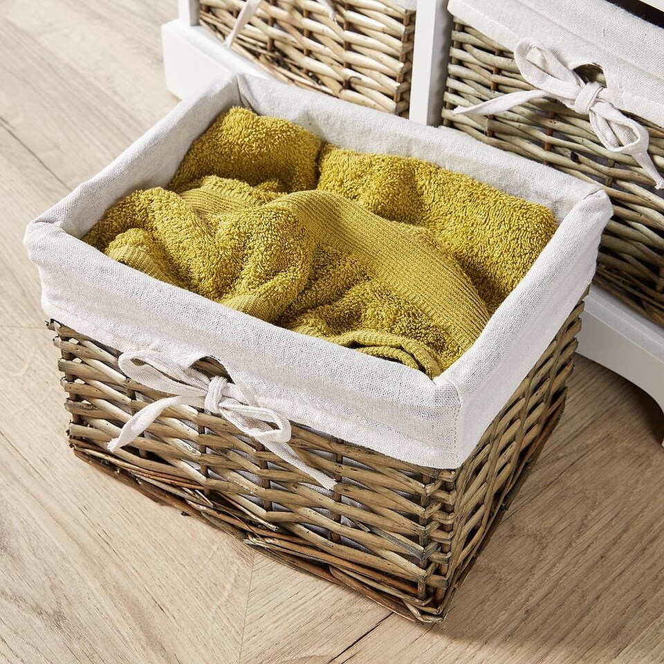 image 1 of Wooden Chest Of Drawer Storage Unit Willow Wicker Baskets Bedside Fully Assembled | White