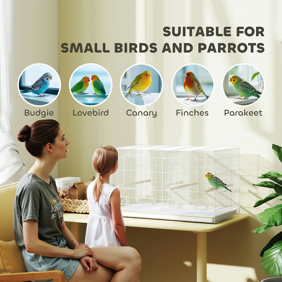 image 1 of PawHut Bird Cage with Divider, 4 Wooden Perches, Slide Out Tray, White
