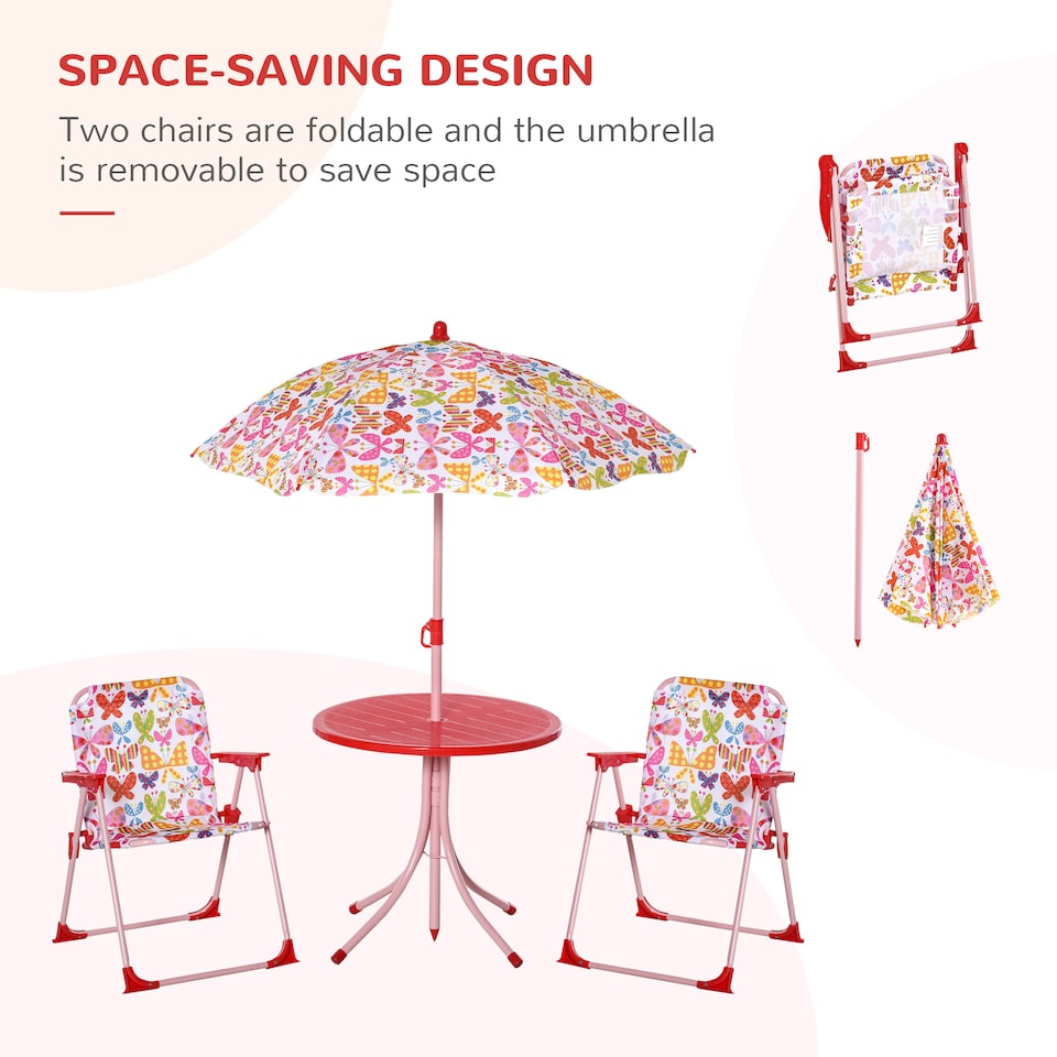 image 1 of Outsunny Kids Folding Picnic Table Chair Set Butterfly Pattern Outdoor Parasol