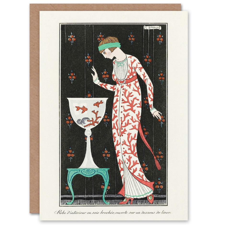 image 1 of George Barbier Art Card Coral Evening Dress Vintage Fashion Advert