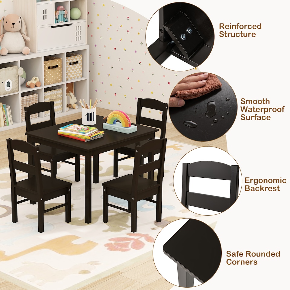 image 1 of COSTWAY Kids Table and 4 Chairs Set for Toddlers Brown