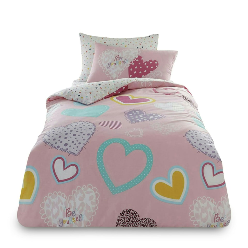 image 1 of VELVETIO Hearts Duvet Cover Set Reversible Polycotton Kids Beddings Pink | Single